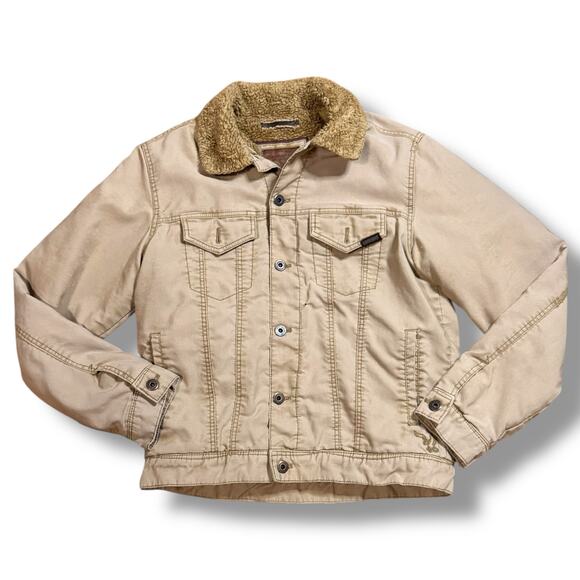 Vintage American Eagle Trucker Jacket Mens Tan Sherpa lined Y2K DISTRESSED Sz M - Picture 1 of 10